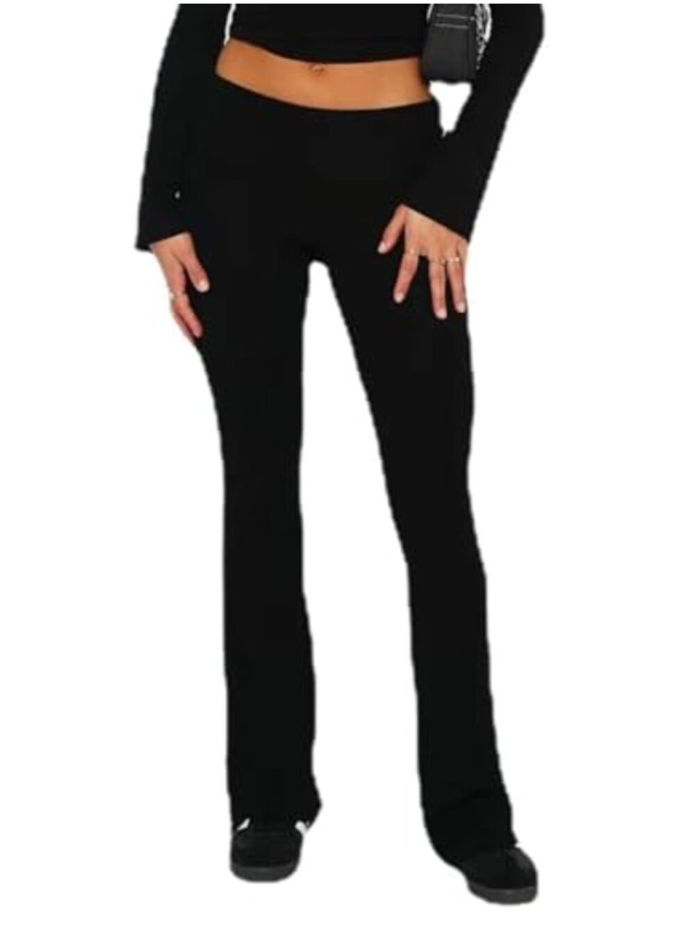 Women Y2K Skinny Flare Leggings Low Rise Fold Over Waist Bootcut Stretchy